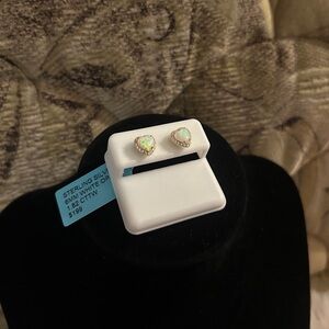 925 Sterling Silver Heart White Opal Stud Earrings - 6mm